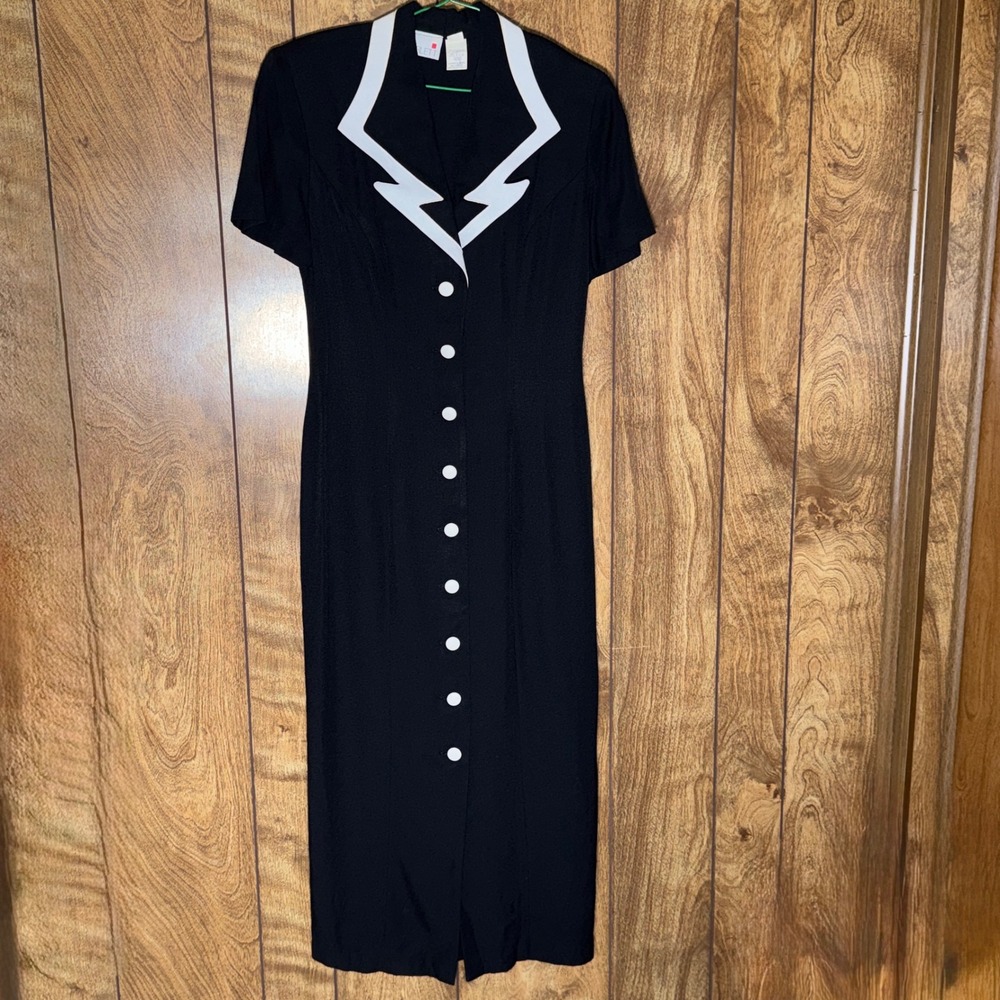 VTG Retro Scarlett Black Midi Button Dress Collar Design Alt Goth Funeral 5/6 S